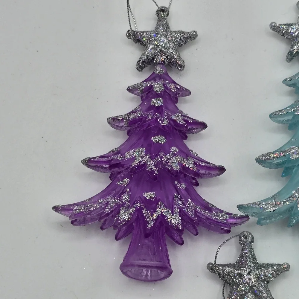 Lot Of 3 Plastic Christmas Tree Hanging Ornament Blue‎ Purple White Glittered